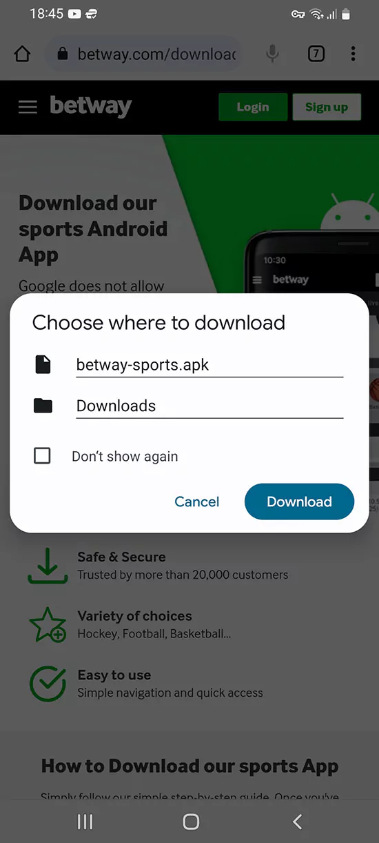 Instala el archivo apk de la aplicación móvil de Betway en tu Android Paso 3