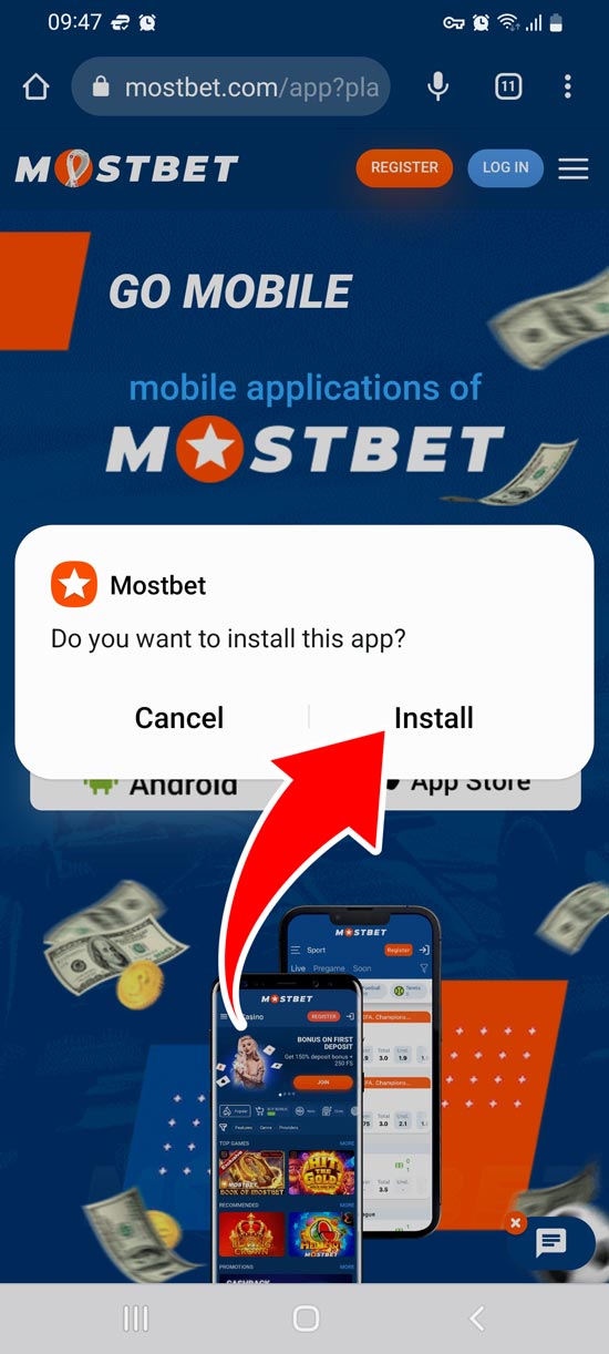 Descarga el archivo apk de Mostbet en tu dispositivo Android e instálalo, paso 2