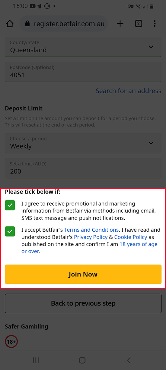 Completa tu registro en la aplicación móvil de Betfair