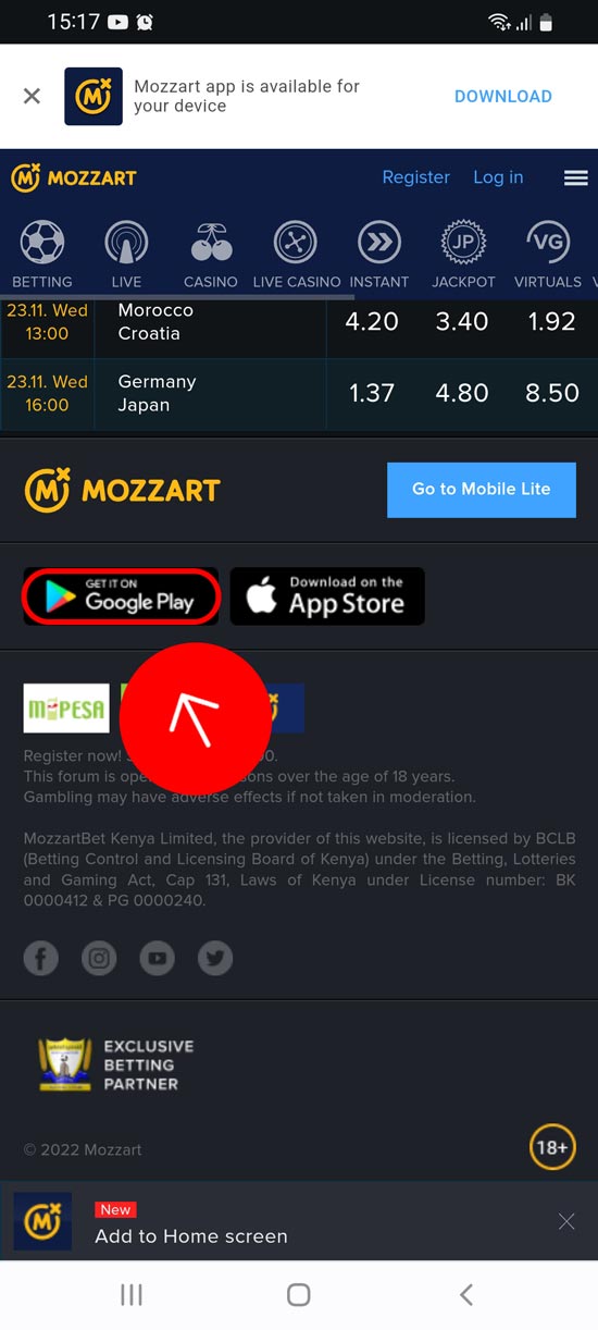 vaya al sitio web oficial de Mozzartbet y haga clic en descargar la aplicación para Android, paso 2