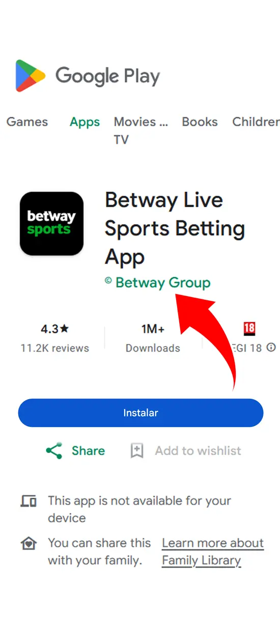 Busque la aplicación Betway, paso 2