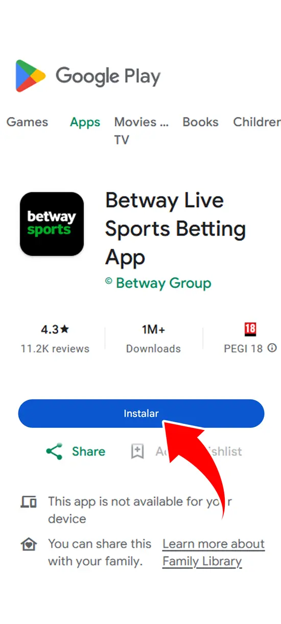 Haga clic en instalar la aplicación Betway en android, paso 3