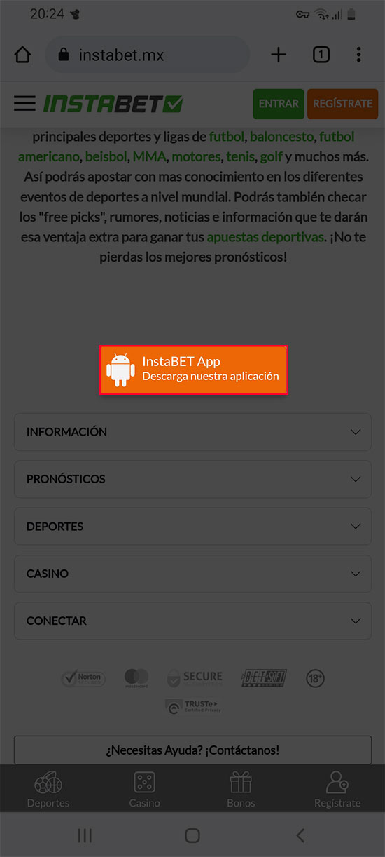 Ve a la página web de la casa de apuestas con tu navegador y busca el botón para descargar la aplicación móvil de InstaBet