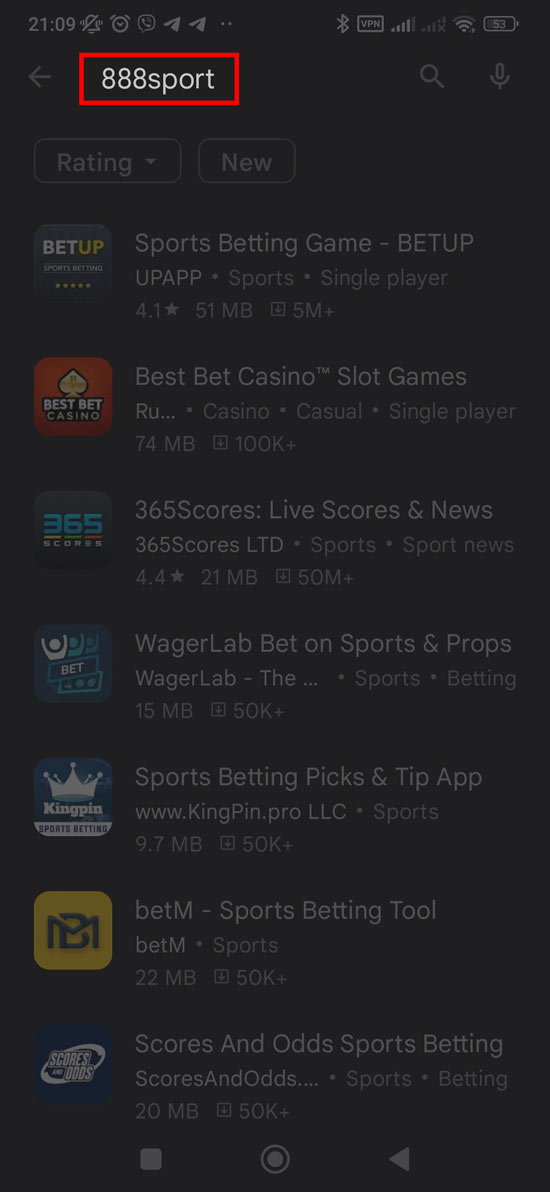 introduzca la aplicación 888sport en el cuadro de búsqueda