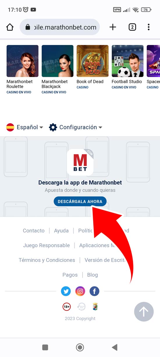 Desplácese hasta la parte inferior de la página y haga clic en descargar MarathonBet aplicación en Android, paso 2