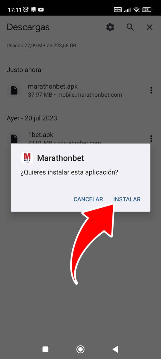 Haga clic en instalar MarathonBet app, paso 4