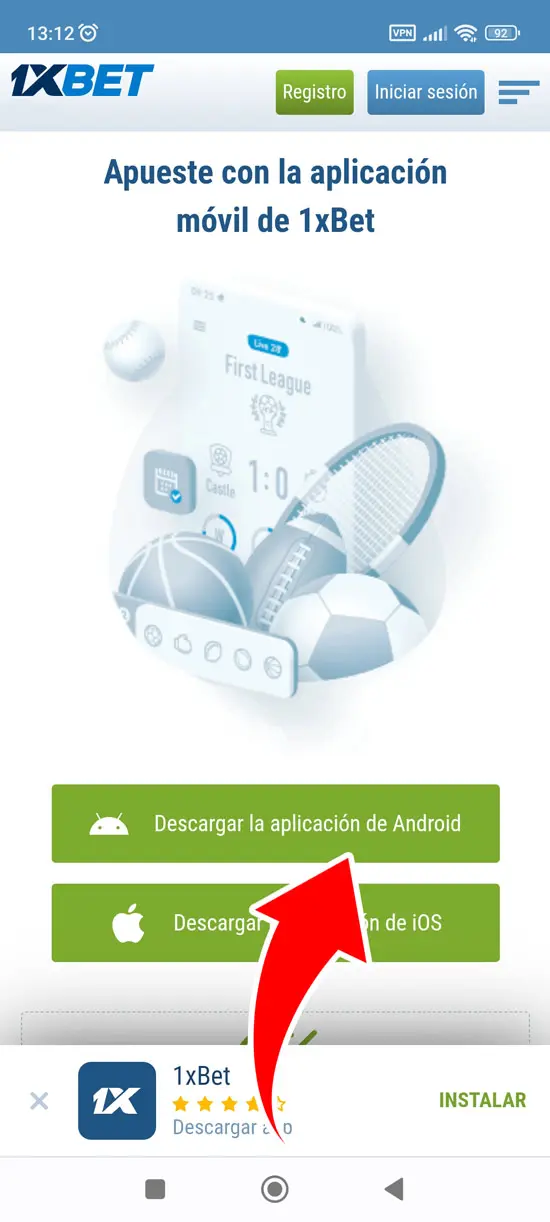 Haga clic en el botón verde de descarga 1xbet mobile app, paso 2