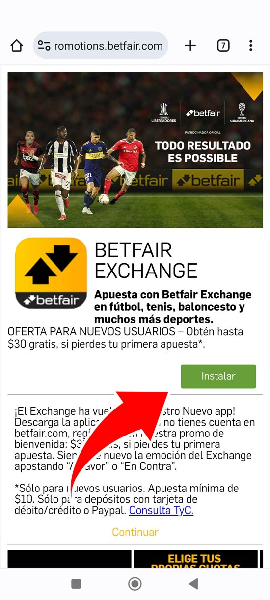 Haz clic en el botón verde e instala el archivo apk de Betfair para Android, paso 3