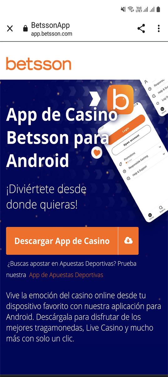 Descargue la aplicación para Android desde el sitio de betsson.