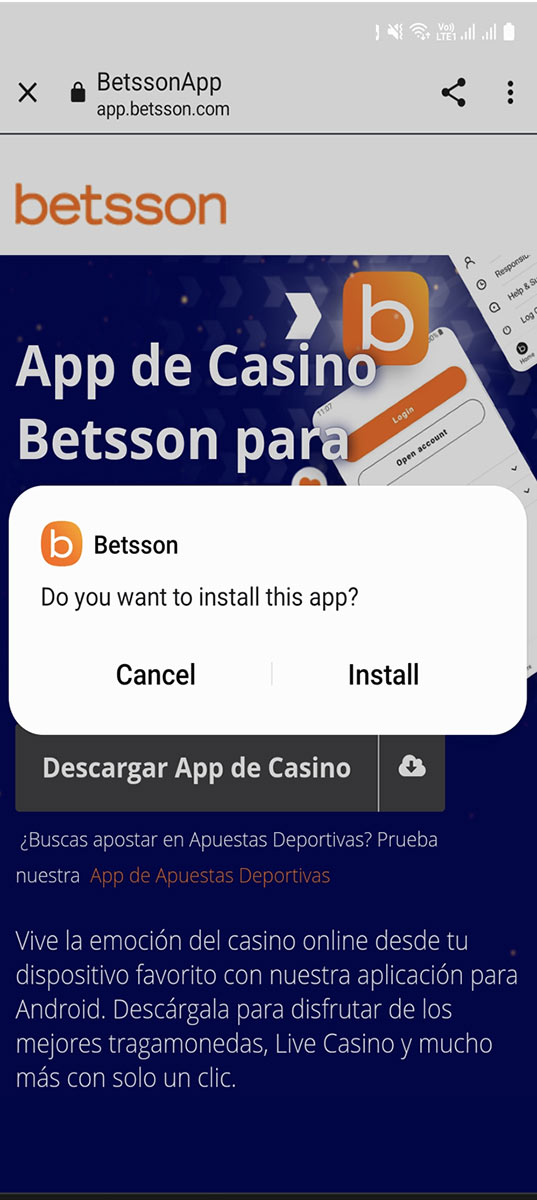 Pulsa el botón e instala la aplicación Betsson.