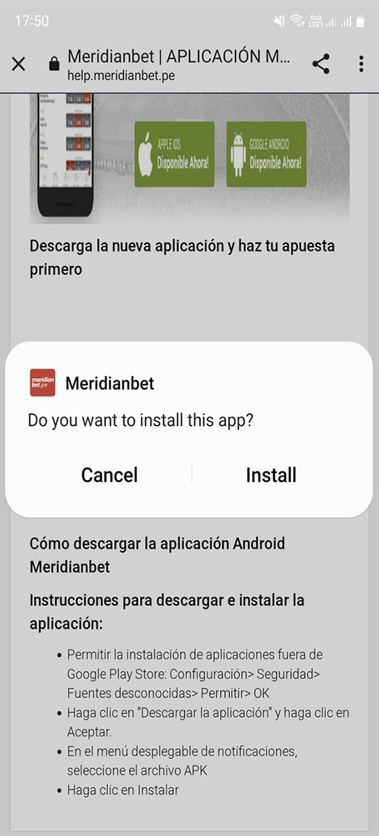 instalar el archivo apk de meridianbet.