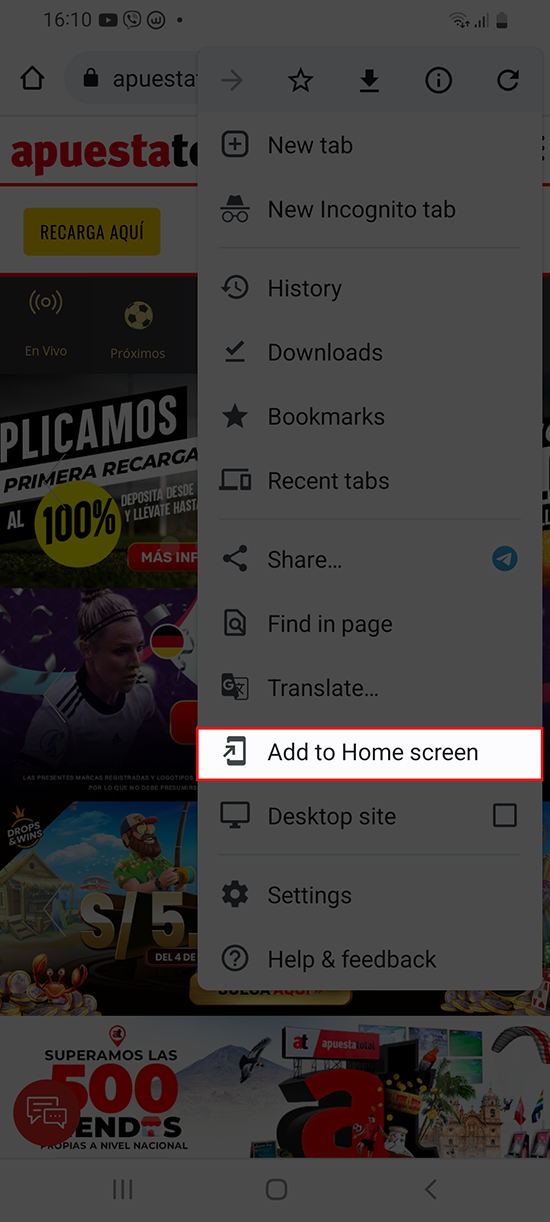 Pulse el botón de menú de su teléfono y seleccione Añadir Apuestotal en la pantalla de inicio - Paso 2