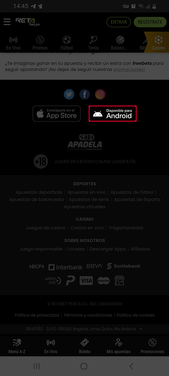 Pulse el botón de descarga Retabet App para Android - Paso 2
