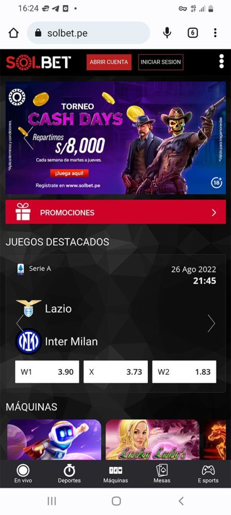 Interfaz de la página de inicio de la casa de apuestas Solbet