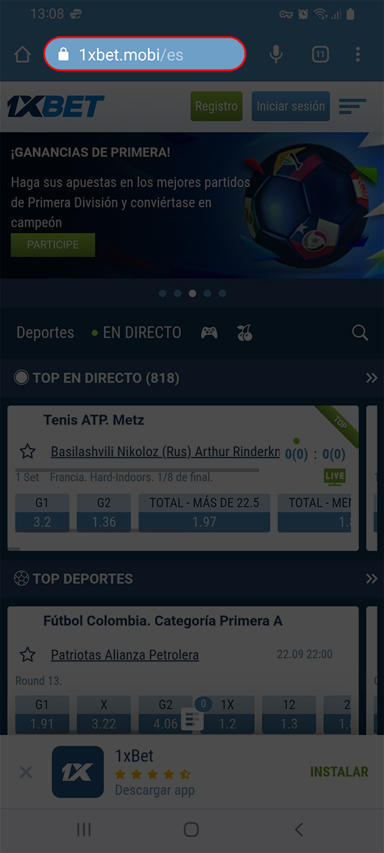 Ingresa al sitio web de 1xBet - Paso 1
