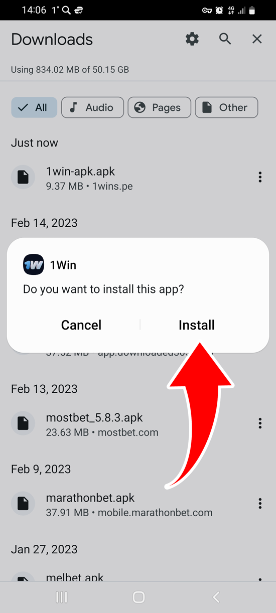 Pulse instalar 1Win app para android, paso 5