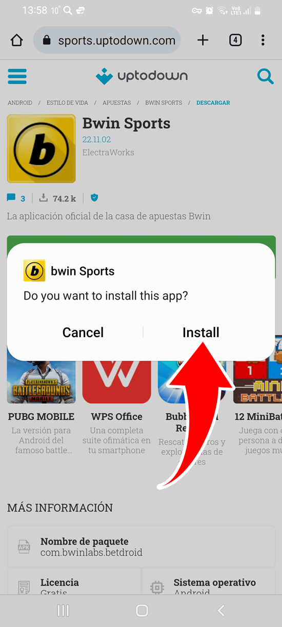 Haga clic en instalar la aplicación de Bwin para Android, paso 7