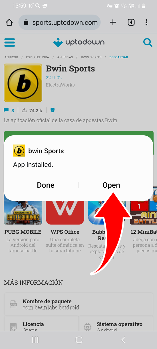 Pulsa Abrir y podrás empezar a jugar y apostar en tu Android, paso 8