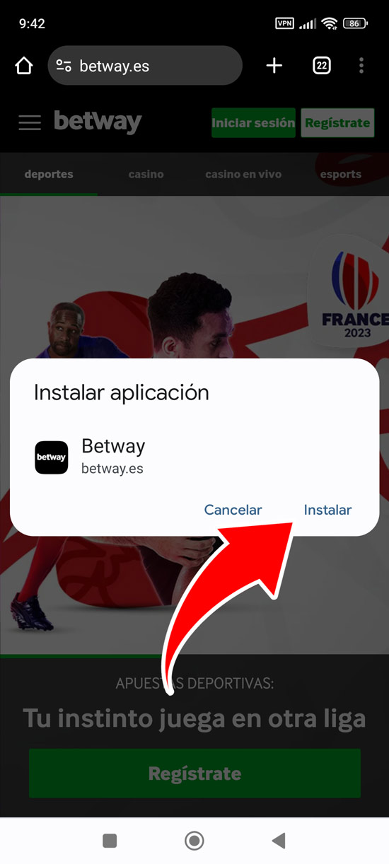 Instala la app de Betway en Android siguiendo las instrucciones en pantalla, paso 3
