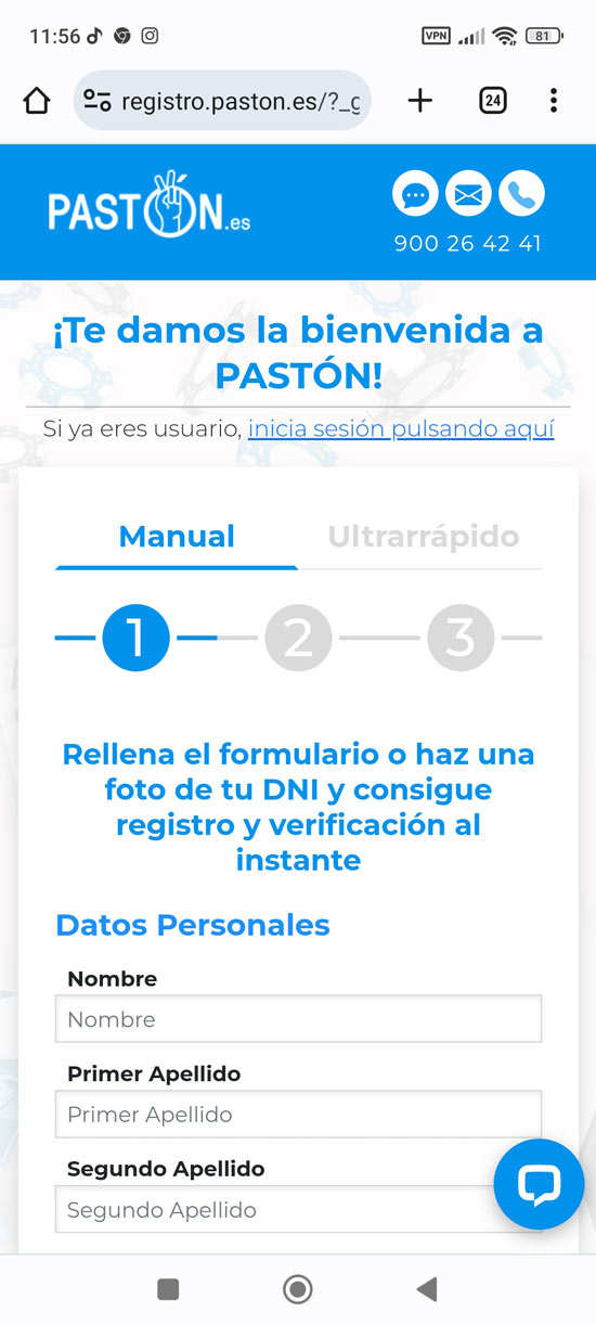 Realiza el proceso de registro en la web oficial de Paston, paso 2