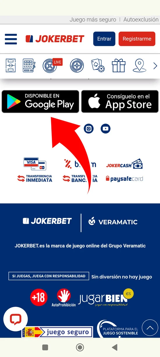 Accede a la página oficial de Jokerbet y sigue el enlace Download to google play, paso 1