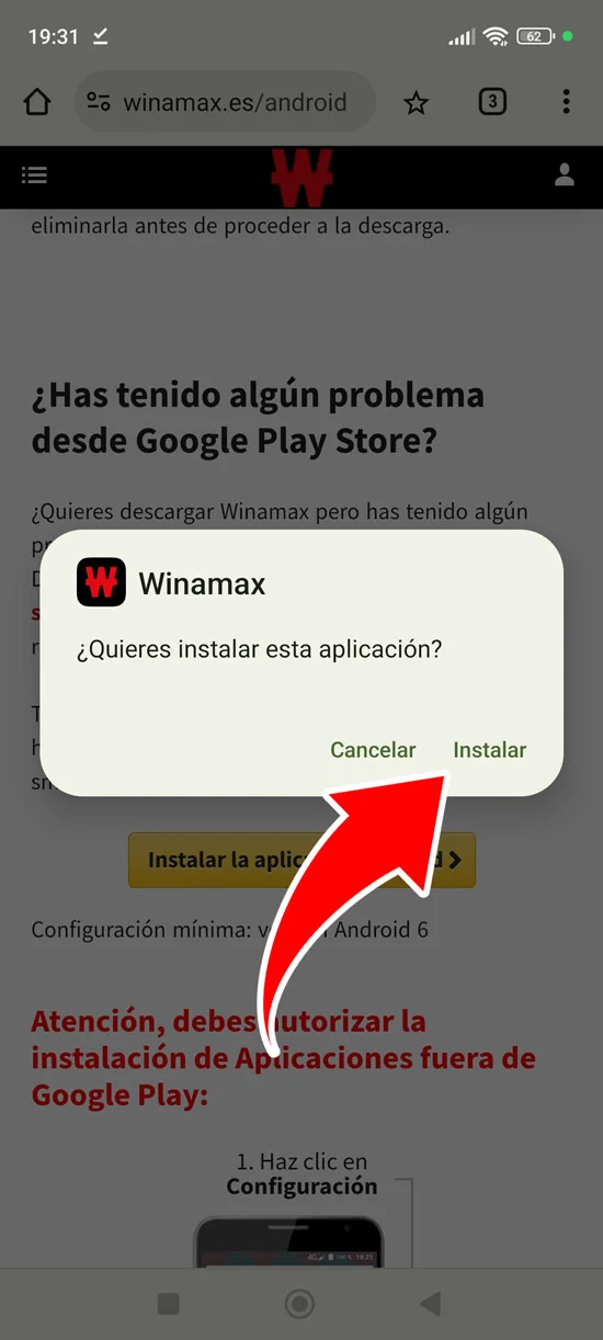 Después de descargar el archivo apk Winamax ábrelo y haz clic en instalar, paso 4